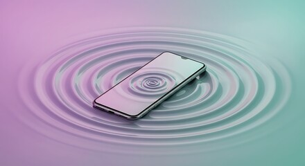 Smartphone resting on calm water surface with ripples, pastel pink and green gradient background, digital technology concept