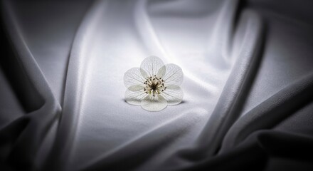 Delicate, translucent blossom centered on flowing, textured silk fabric