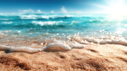 This serene image depicts gentle ocean waves lapping against a sandy beach, evoking feelings of tranquility and the beauty of nature in a sunlit coastal setting.