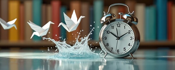 Silver alarm clock, white origami birds mid-flight creating dynamic water splashes. Bookshelves in blurred background suggest knowledge study time. Elegant metal finish, whimsical paper art movement.