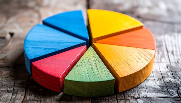 Colorful wooden pie chart on a rustic wood surface - Powered by Adobe