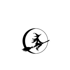 A spooky witch silhouette flying on a broomstick against a bright moon background. Perfect for Halloween designs, party invitations, and spooky themes.