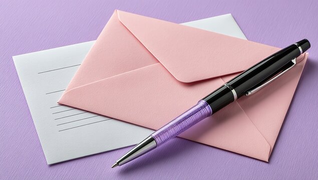 Pink envelopes, white paper, purple pen on a soft purple background