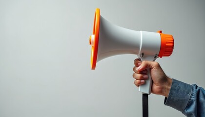 Hand holds white megaphone with orange accents against plain gray background. Device used for public address, broadcasting messages, promotional activities. Useful for concepts of communication,