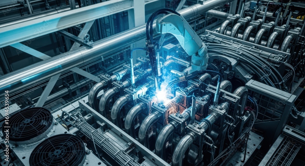Poster highangle view of multitube welding setup inside moltensalt reactor heatexchanger cell featuring adv