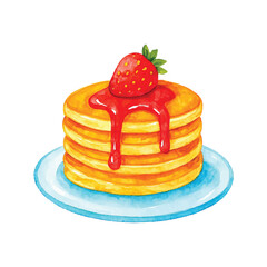 Watercolor Pancakes with Strawberry Topping Illustration Isolated on White Background