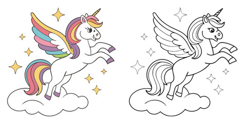 Vector illustration of an angel wing set with cute cartoon fantasy animals for a children's coloring book