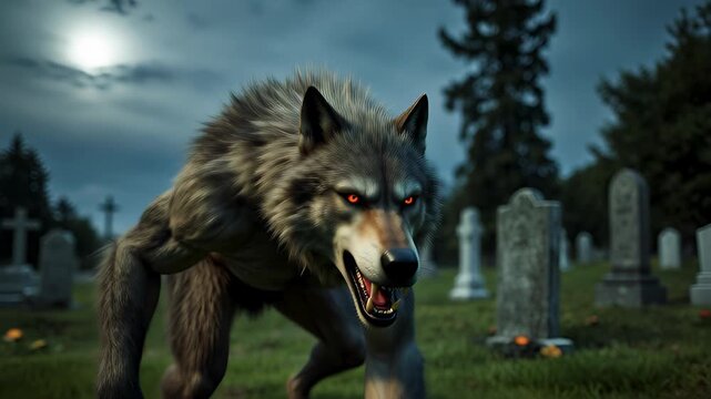 Fearsome wolfman with glowing eyes snarling graveyard moonlight night, fierce werewolf with sharp claws creating terrifying scene