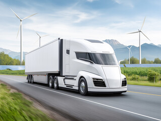 Electric truck driving on mountain road with wind turbines in the background. Ecological concept of clean energy and delivery.