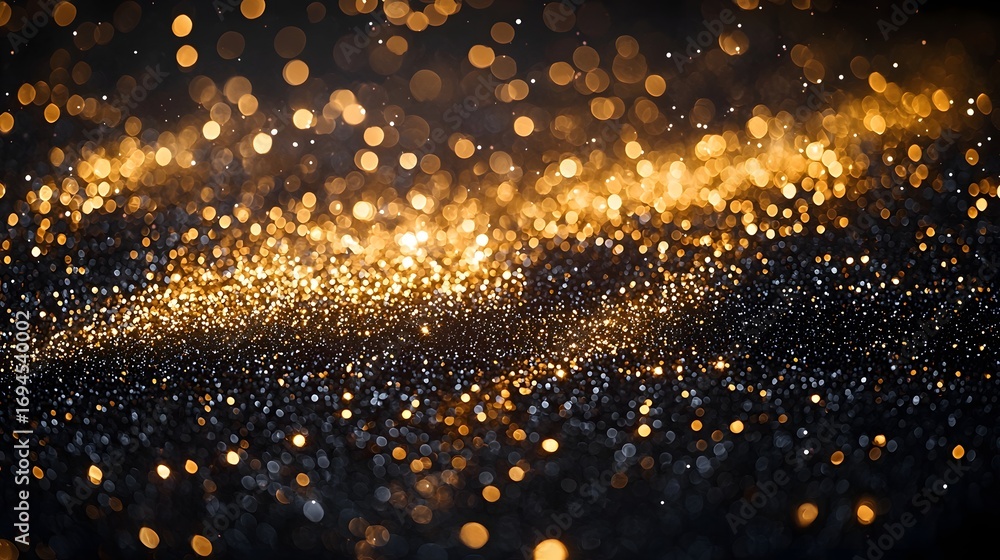 Poster abstract background featuring a dynamic wave of golden bokeh lights and shimmering glitter against a
