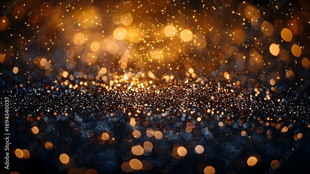 Poster abstract background of golden bokeh lights and shimmering particles on a dark backdrop suitable for 