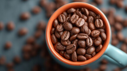 Fototapeta premium A blue coffee mug filled with coffee beans