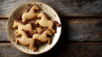Gingerbread horses on plate on wooden table