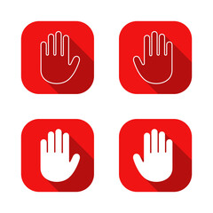 Hand stop icon with long shadow. Raised palm alert symbol in red square. Denial gesture concept