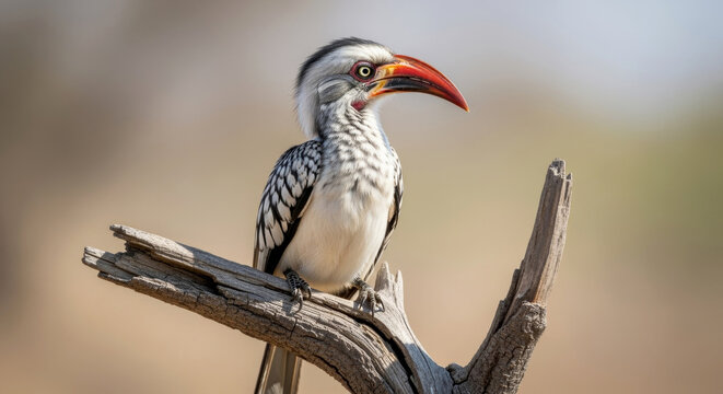 a northern red-billed hornbill (tockus erythrorhynchus) sitting on a branch in africa