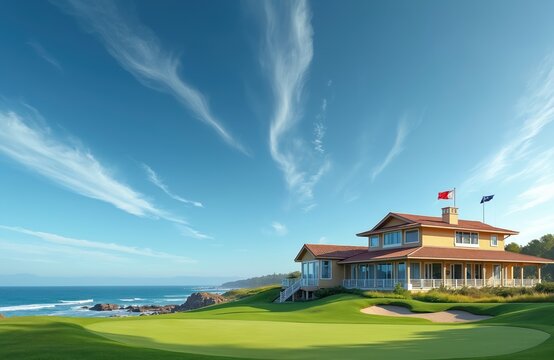 Golf club house adjacent to ocean coastline. Green grass golf course surrounds building with large windows and red tile roof. Blue sky with wispy clouds on sunny day. Ocean waves crash on rocky shore. - Powered by Adobe