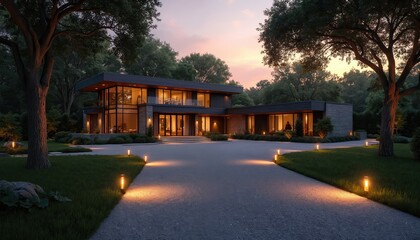 Obraz premium Modern stone house with large glass windows illuminated at dusk. Gravel driveway lined with warm outdoor lights leads to inviting architecture. Surrounded by mature trees, rich plants, luxury