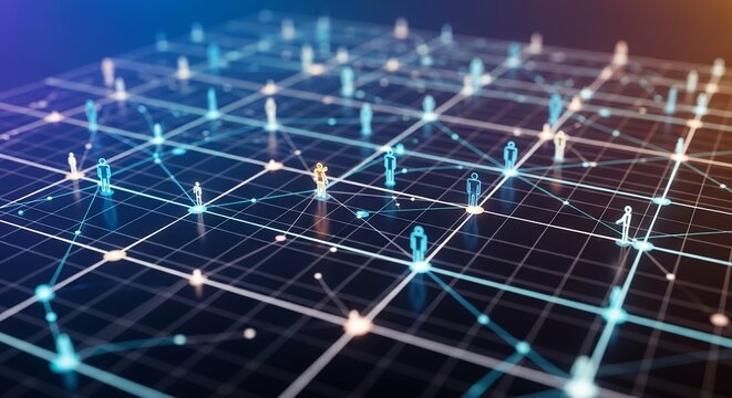 Abstract interconnected network with human figures on a grid, showcasing social connectivity and data visualization, concept for global communication, digital transformation and social media network