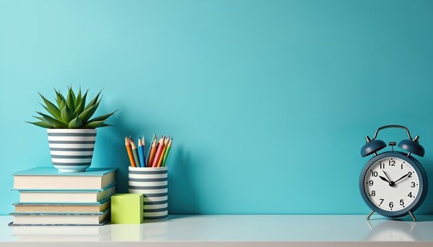 Bright blue wall backdrop clean desk setup with stacked books, potted succulent, pencil holder filled with colorful crayons, vintage alarm clock. Perfect for back-to-school, office, home study