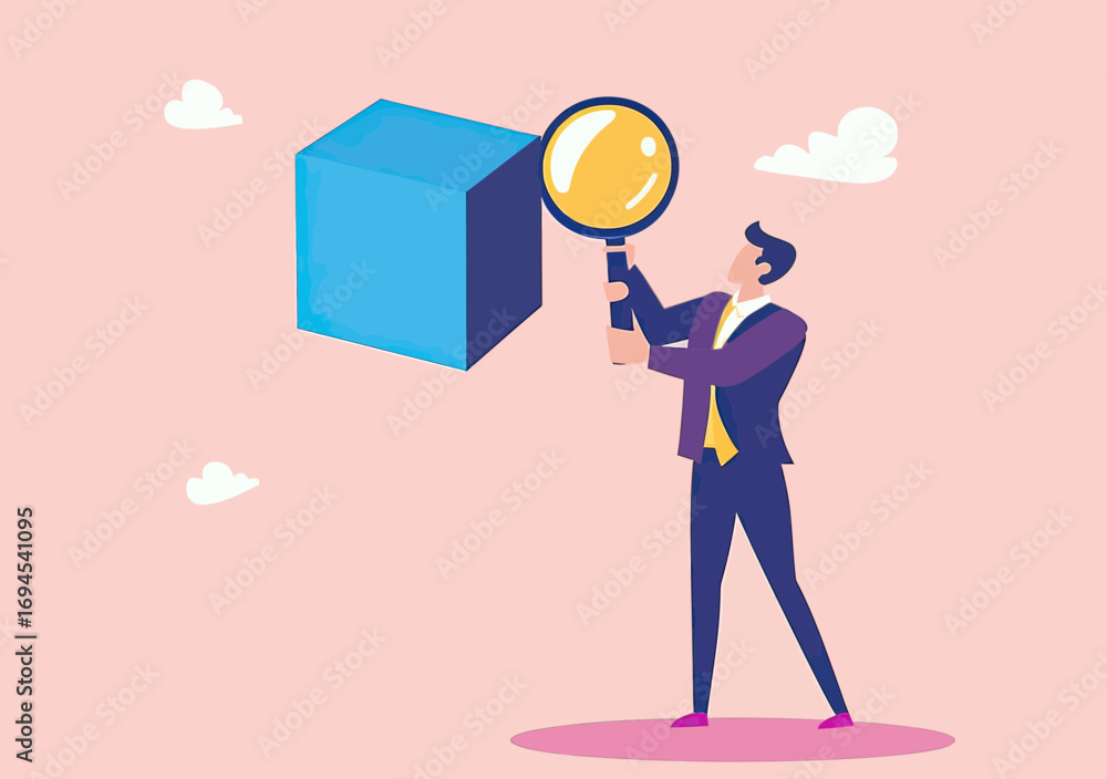 Poster Businessman examining floating blue cube with magnifying glass concept for analysis research innovation or problem solving in minimalist vector style