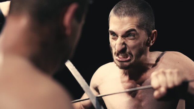 Intense duel between two shirtless men wielding swords, showcasing dynamic movement and fierce expressions in a dramatic confrontation, capturing the essence of combat and rivalry