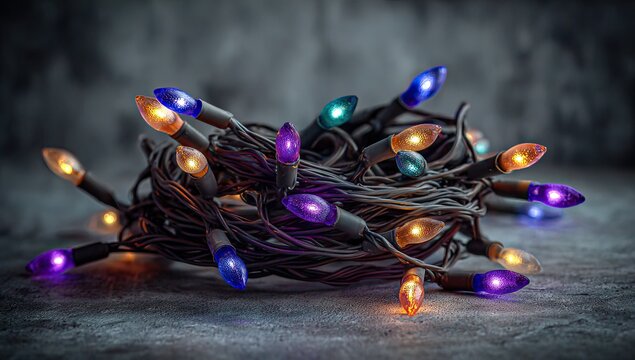 Colorful string lights tangled
