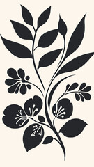 Black silhouette floral branch with leaves and blossoms vector illustration minimal flat decorative design for sublimation or stencil use