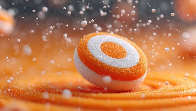 Orange round candy with white center, suspended in mid-air, surrounded by water droplets