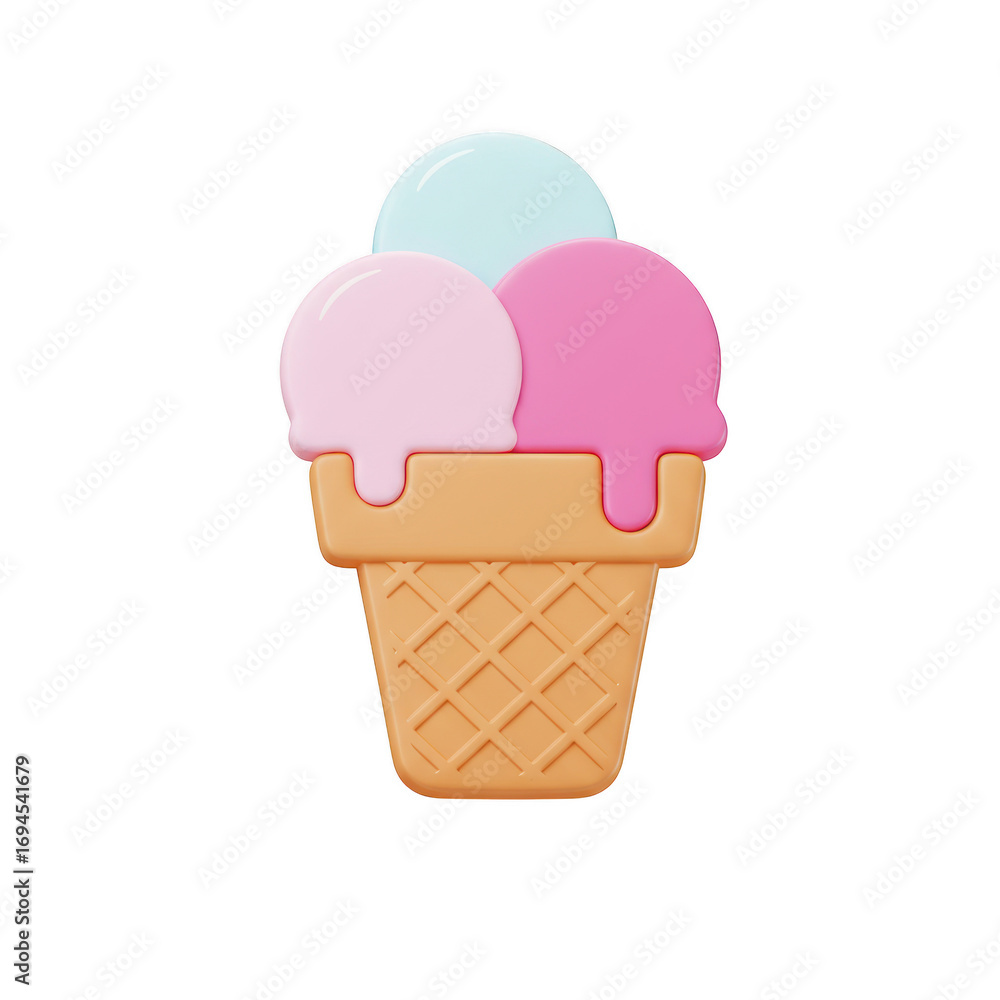 Poster three scoop ice cream cone 3d render isolated on transparent background