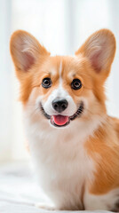 Obraz premium Cute happy Pembroke Welsh Corgi dog with fluffy fur sitting indoors and looking at the camera