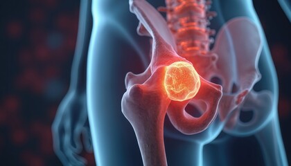 3D illustration of hip bone cancer tumor causing pain on one side. Image highlights affected hip joint with glowing red areas indicating inflammation growth. Medical visualization suitable for
