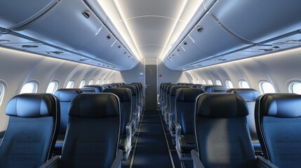 A modern airplane cabin with blue seats and overhead compartments, featuring a sleek design and ample lighting.