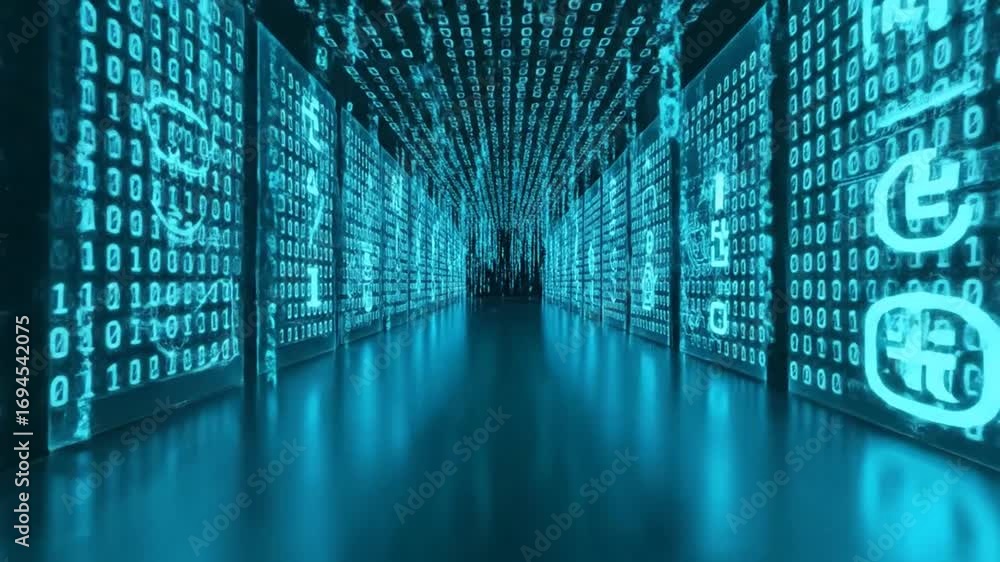 Wall mural digital data center corridor with glowing blue binary code