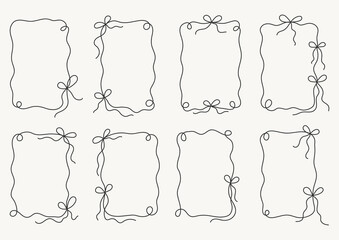 Set of ribbon frame outline. Minimalist hand drawn frames with bows and swirls.