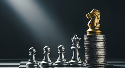 Chessboard Dynamics A Golden Knight Stands Tall on Coins, Embodying Strategic Business Prowess and Financial Ascent