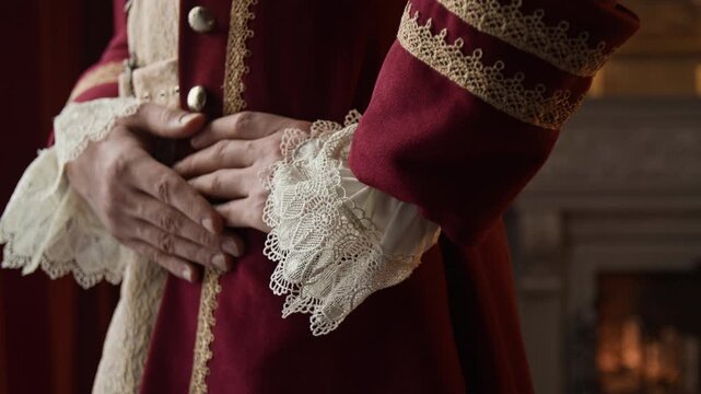 Close-up of anonymous Victorian noble gentleman, dressed in red wool frock coat and white silk shirt with lace cuffs standing with hands on waist, demonstrating wealth and privilege