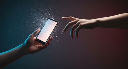 Hands reaching towards glowing smartphone, digital particles surrounding device, concept of connection and technology energy transfer