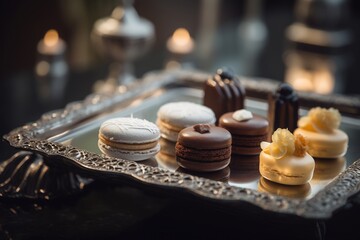 Selection of fancy French petits fours arranged on a silver tray luxury Paris party vibe elegant background dcor