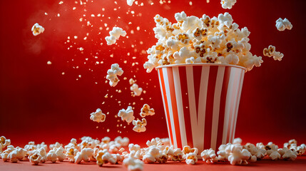 A vibrant scene featuring a striped popcorn bucket