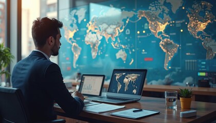 Corporate strategist analyzes global trade policies on digital world map display. Business pro reviews economic data on laptops, assessing international market impacts for operations. Planning future