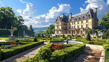 Fototapeta premium A grand estate with meticulously landscaped gardens and a picturesque chateau under a vibrant, sunny sky.
