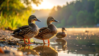 Two ducks by a tranquil lake at sunrise