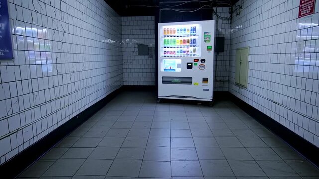 Gloomy subway station scenery, illuminated by vending machines, a sense of urban isolation and