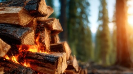 This image features a close-up of a neatly stacked pile of firewood, glowing softly with embers, set against a serene forest backdrop that evokes warmth and tranquility.