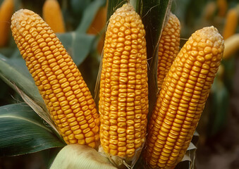 Freshly harvested corn cobs, showcasing vibrant yellow kernels, symbolize a bountiful agricultural season.