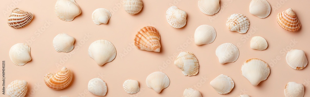 Poster a collection of various seashells arranged on a soft background, showcasing their unique shapes and 