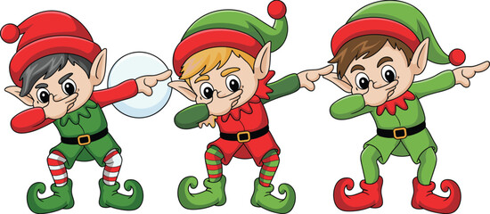 Cartoon elves dabbing in festive outfits, holiday character set with red and green costumes, playful Christmas pose illustration, whimsical celebration design, winter fun