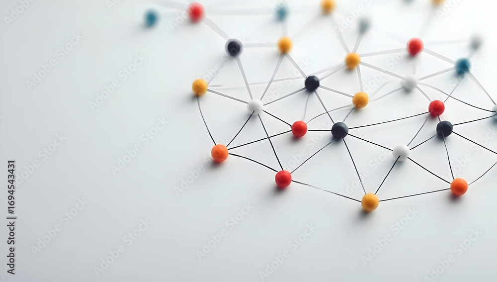 Poster abstract representation of a network with colorful dots and lines, symbolizing connectivity and data