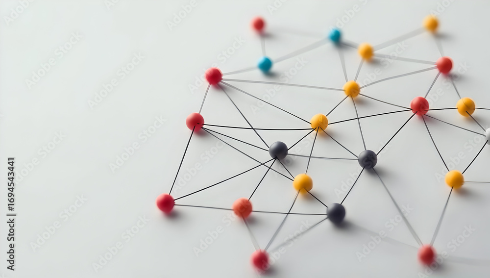Poster An abstract representation of network connections with colorful pins and threads illustrating connectivity and communication.