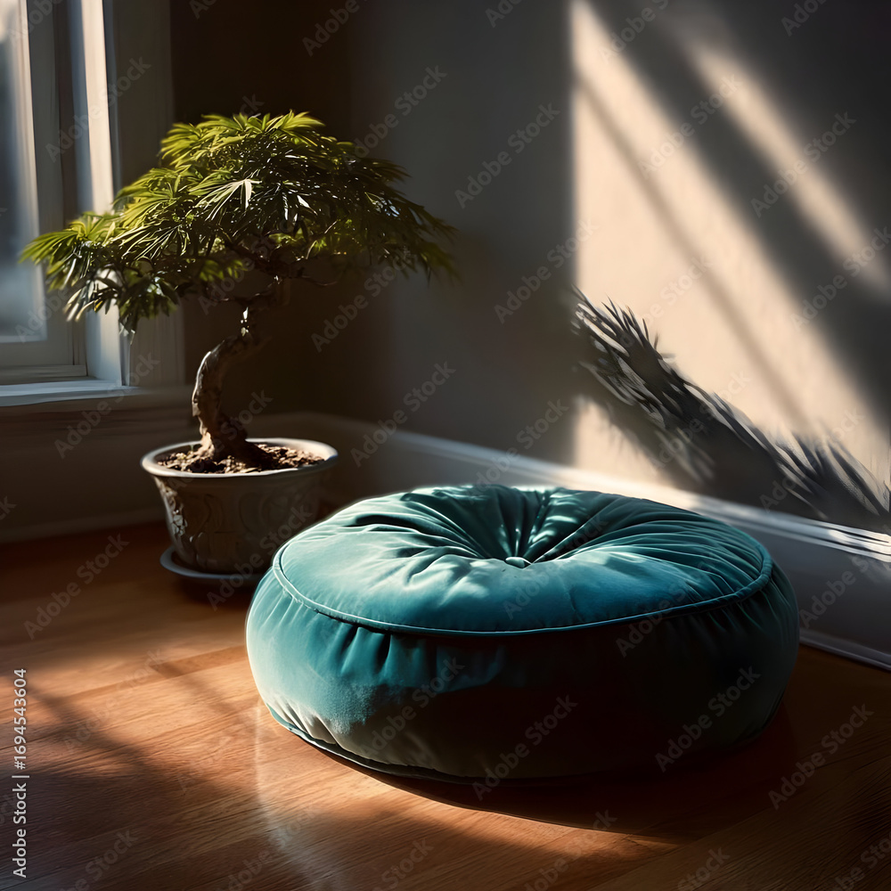 Poster a serene indoor scene featuring a plush teal cushion and a bonsai tree, illuminated by soft sunlight